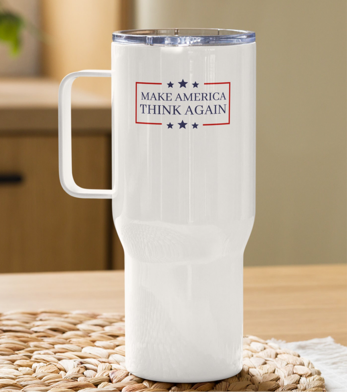 Make America Think Again Travel Mug - White/Silver Accent
