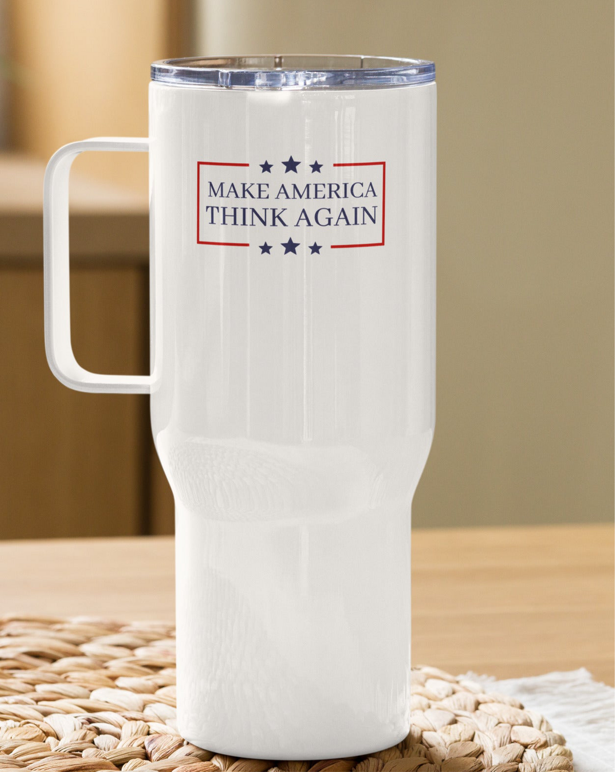 Make America Think Again Travel Mug - White/Silver Accent